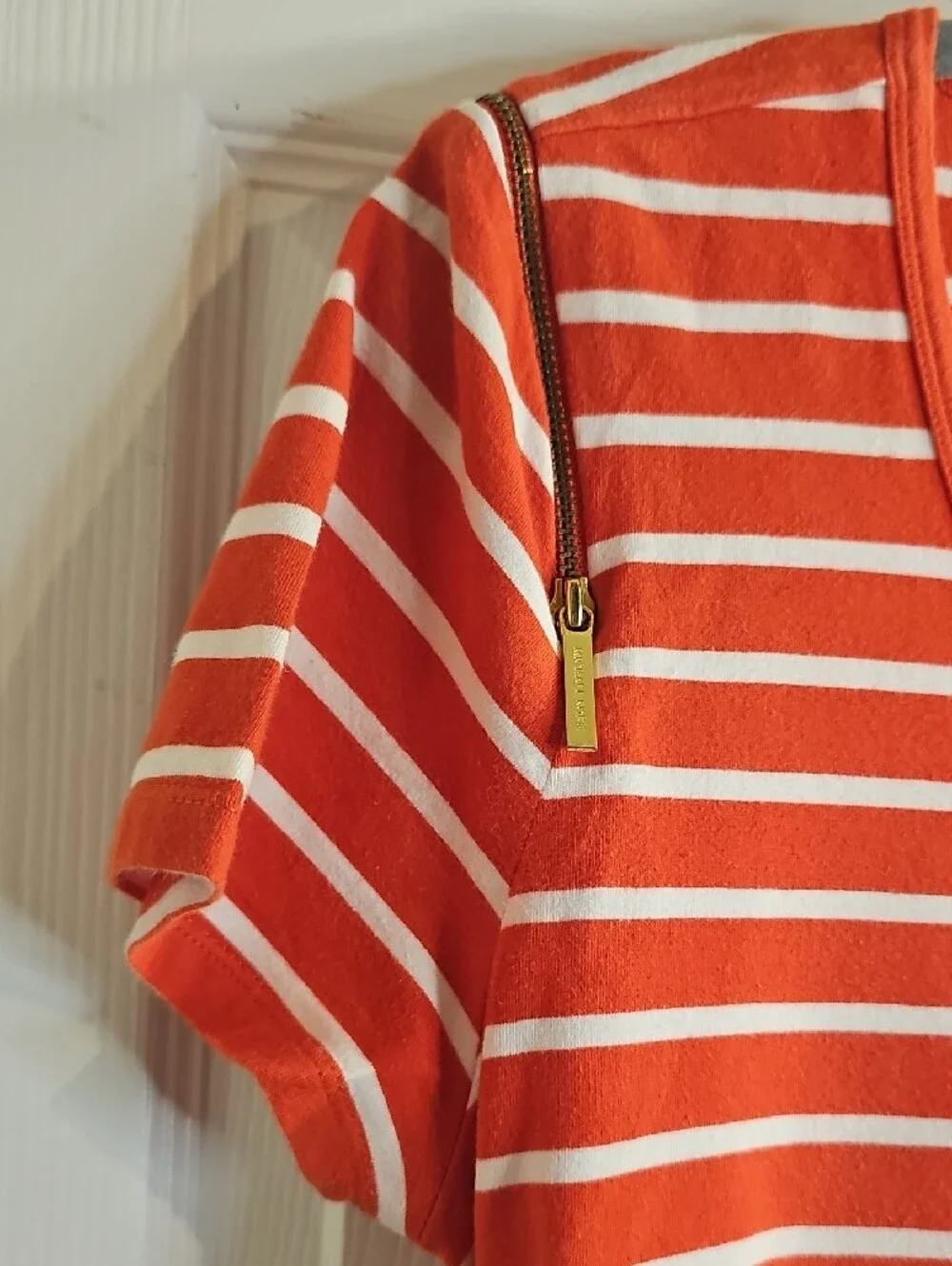 Michael Kors Orange & White Striped Short-Sleeve Scoop Neck Tee with Side Ruche